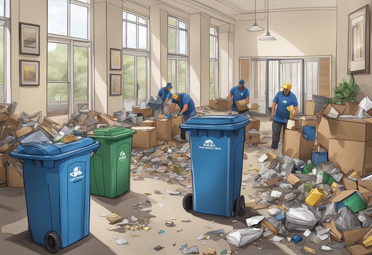 A cluttered apartment lobby in Atlanta with overflowing trash bins and debris, while a junk removal crew efficiently clears the space