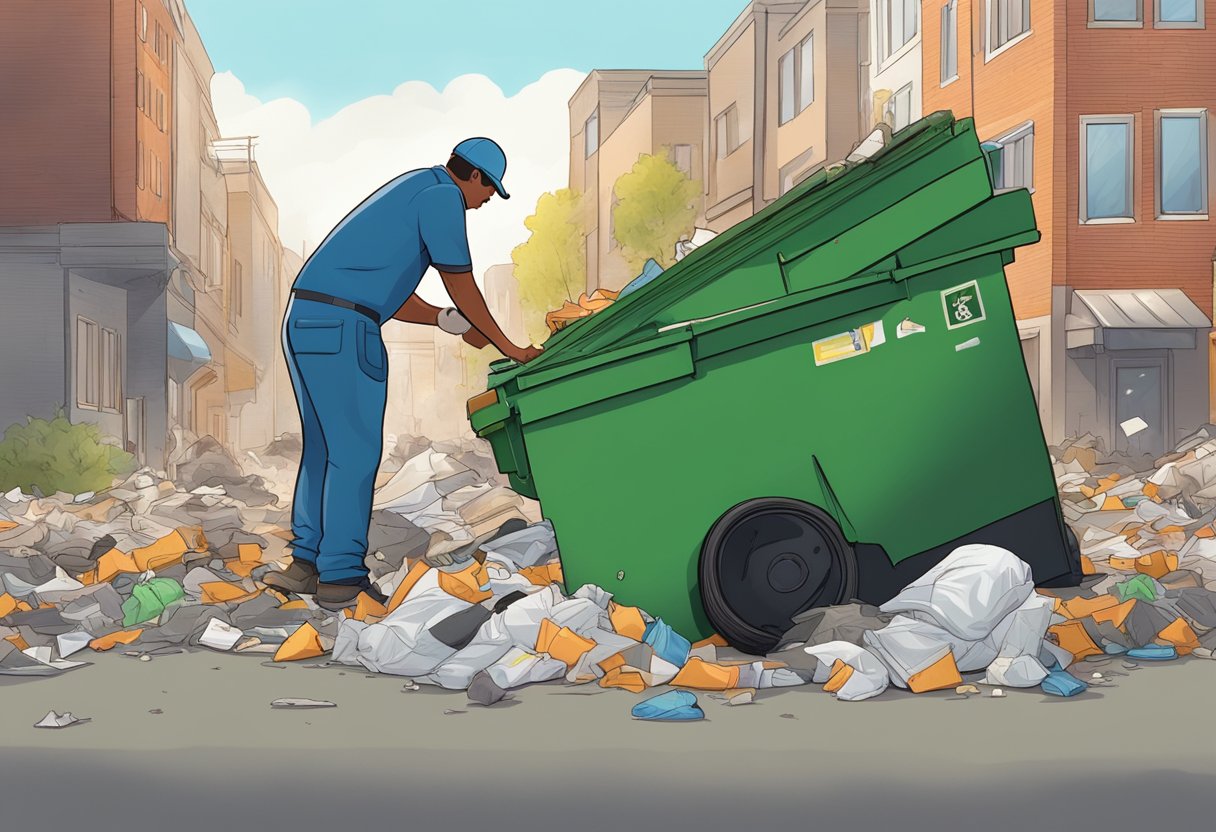 An overflowing dumpster with trash spilling out onto the ground, surrounded by scattered garbage bags and a maintenance worker attempting to clear the mess