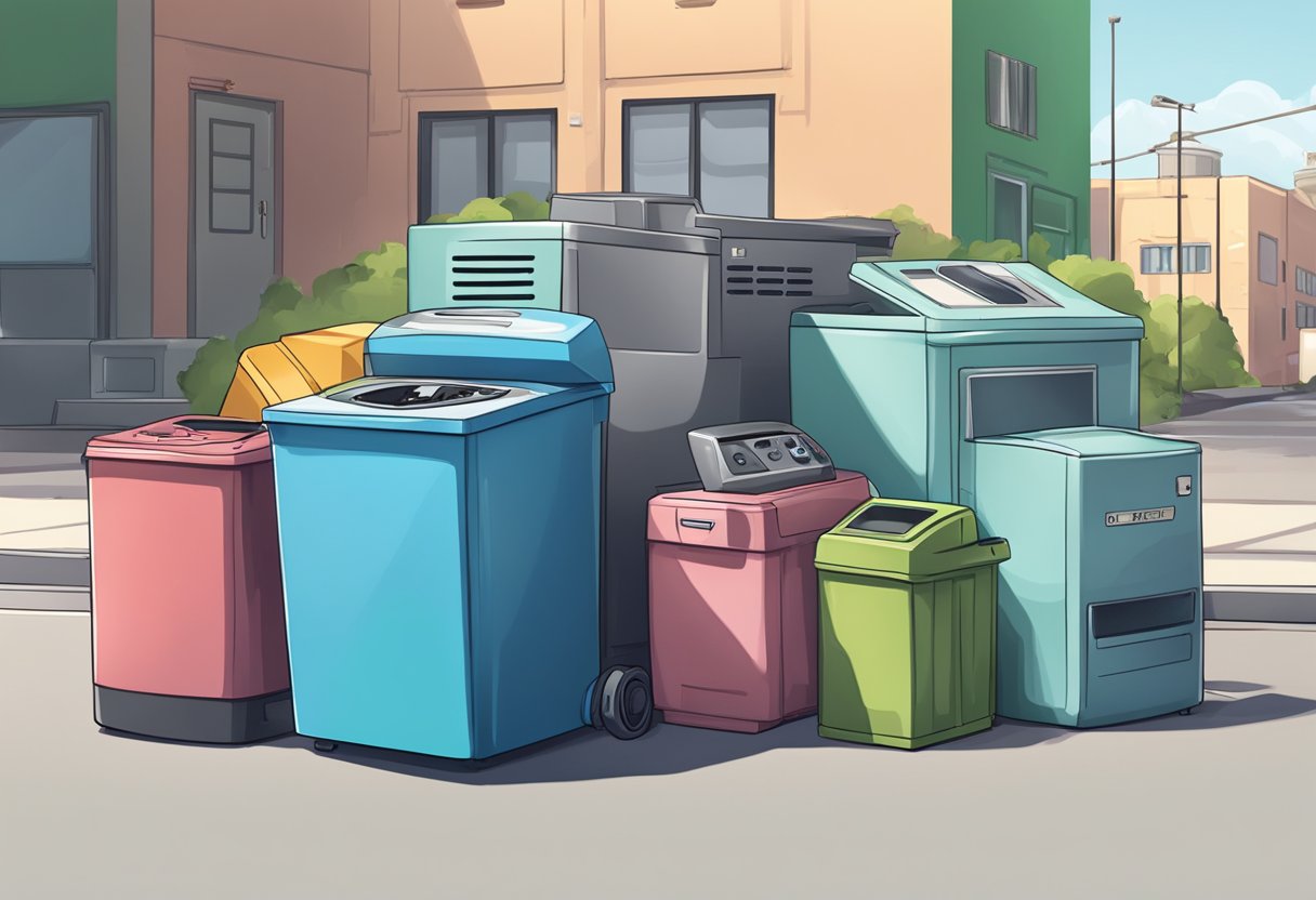 A pile of old appliances sits next to a shiny new one. A recycling bin and donation box are nearby