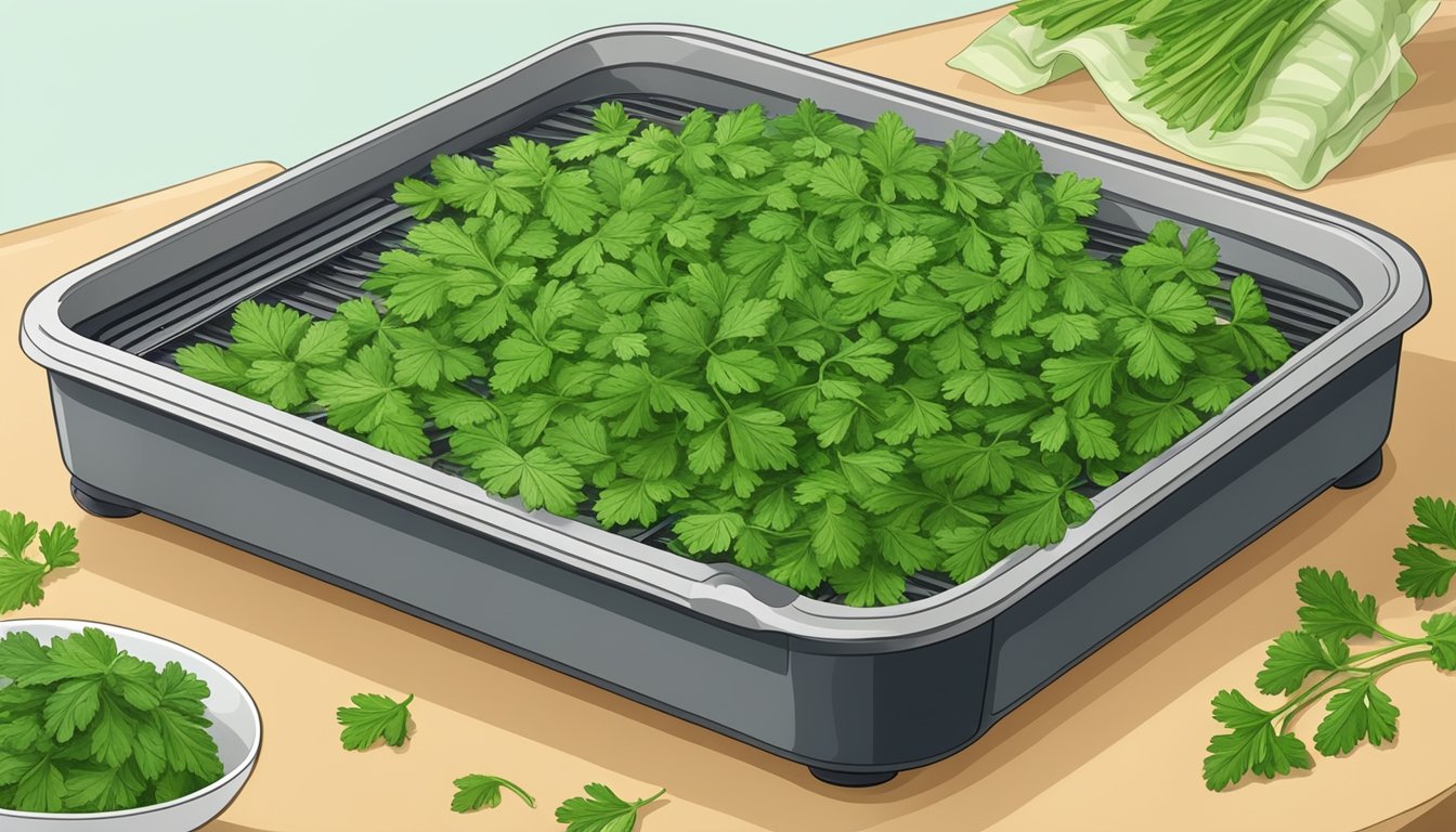 Parsley leaves laid out on a dehydrator tray, with the machine set to a low temperature