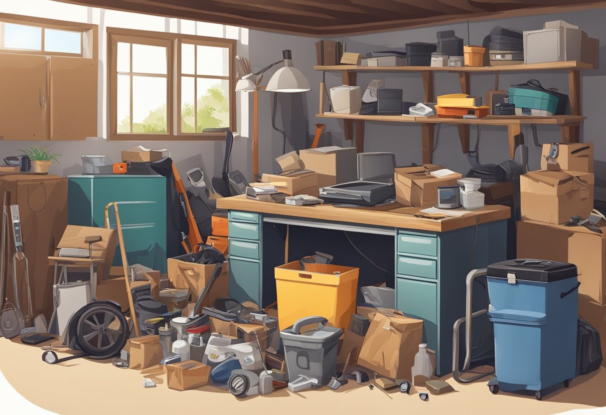 A cluttered garage with old furniture, broken appliances, and boxes of miscellaneous items waiting for junk removal services