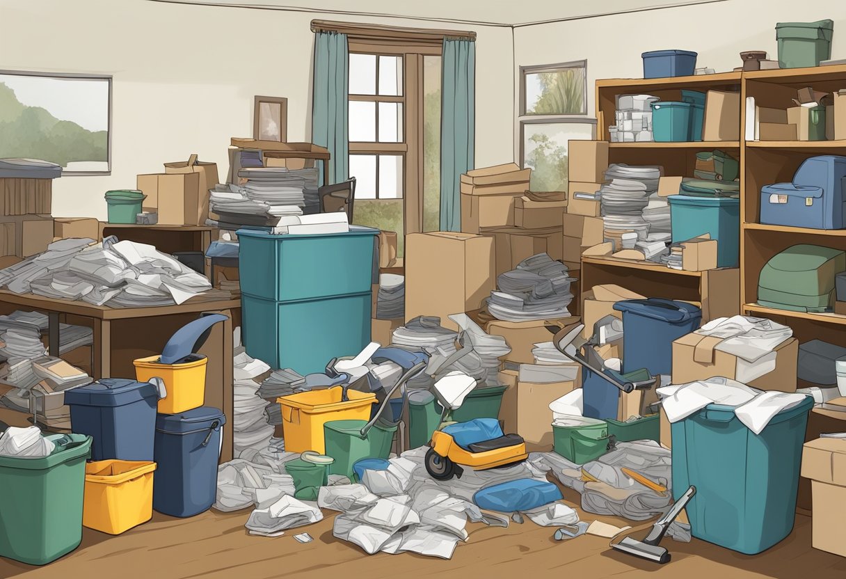 A cluttered and disorganized property being efficiently cleared out by a professional cleanout service. Items being sorted, removed, and disposed of, leaving the space clean and ready for new use