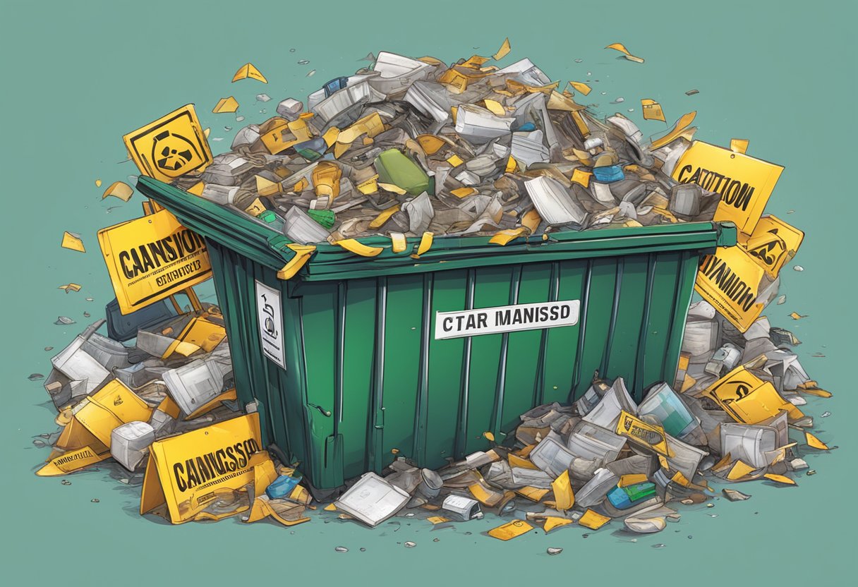 An overflowing dumpster with garbage spilling out onto the ground, surrounded by caution tape and warning signs