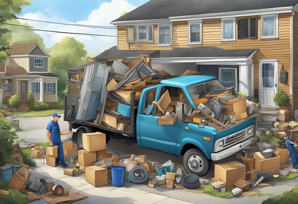 A junk removal truck parked outside a cluttered house, workers hauling old furniture, appliances, and debris into the back of the truck