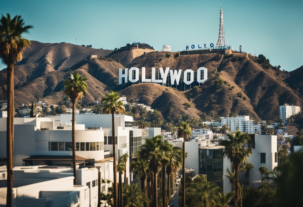 O icônico letreiro de Hollywood situado nas colinas com vista para a cidade movimentada, com palmeiras ao longo das ruas e a famosa Calçada da Fama cheia de turistas.