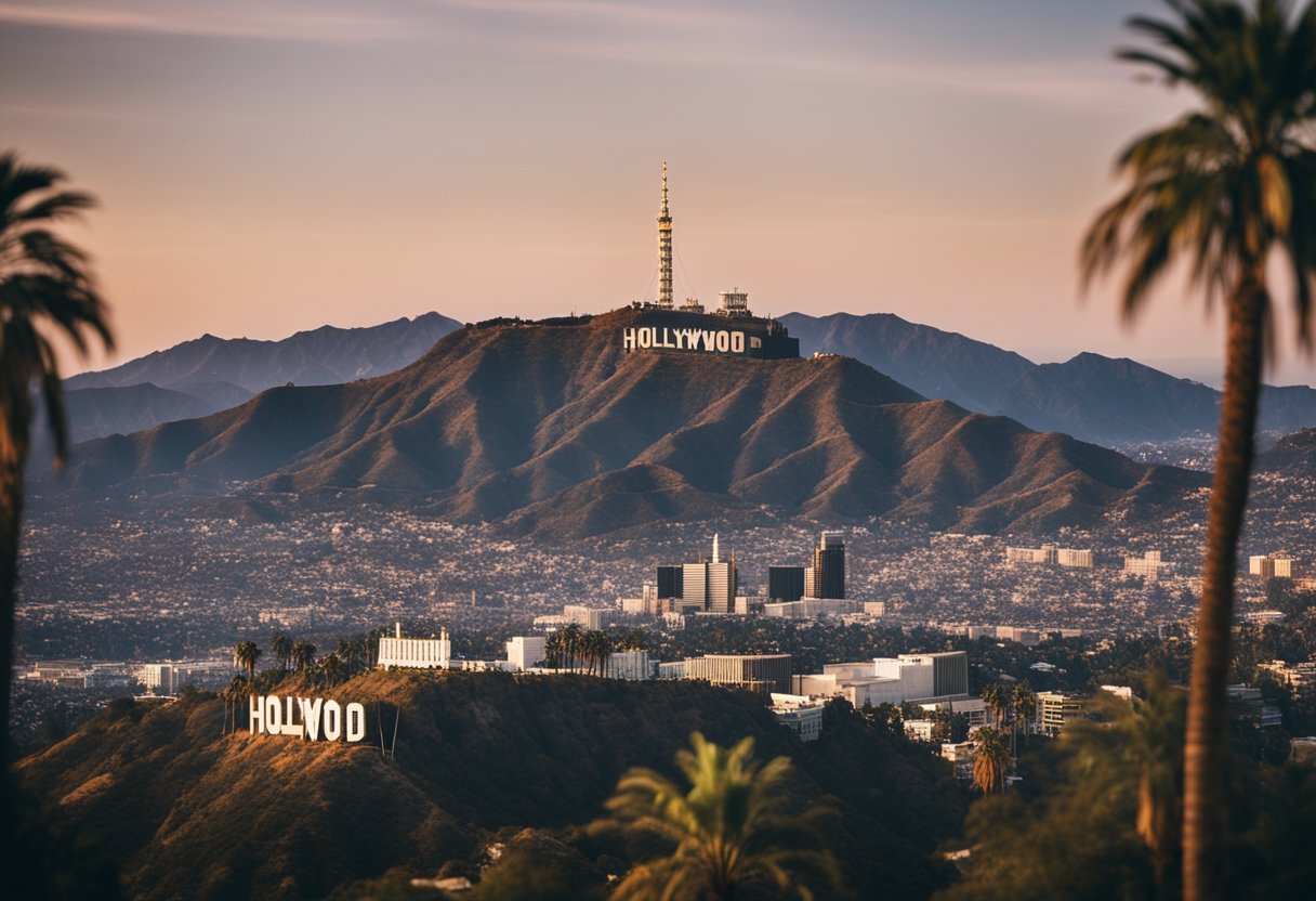 A placa de Hollywood observa uma cidade movimentada, com palmeiras ao longo das ruas e cinemas e estúdios icônicos ao fundo.