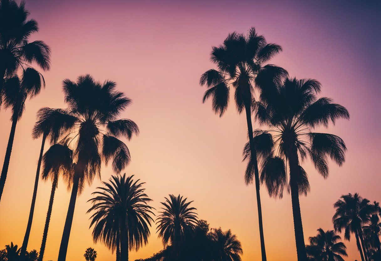 A placa de Hollywood se ergue majestosa contra um fundo de palmeiras e um pôr do sol vibrante, simbolizando a fábrica do sonho americano.