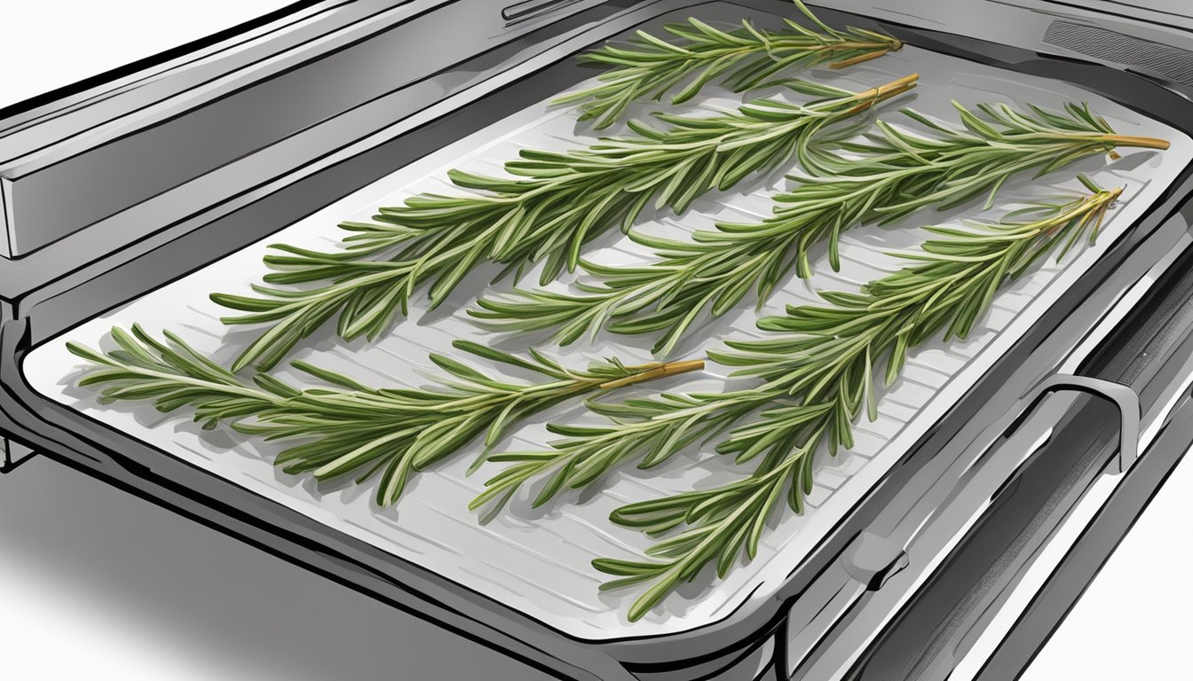 Fresh rosemary sprigs laid out on a dehydrator tray, ready for the dehydration process