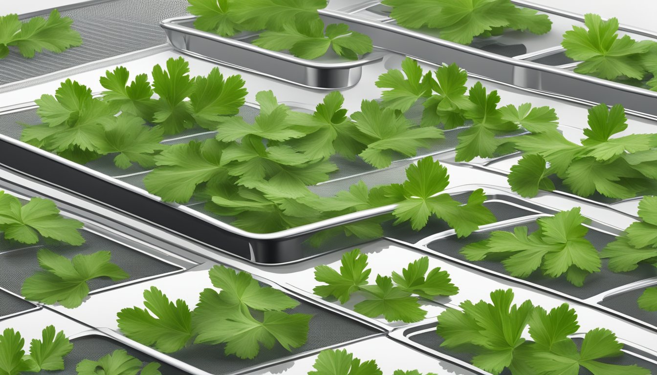 Fresh cilantro leaves spread out on a mesh dehydrator tray under a warm, circulating airflow