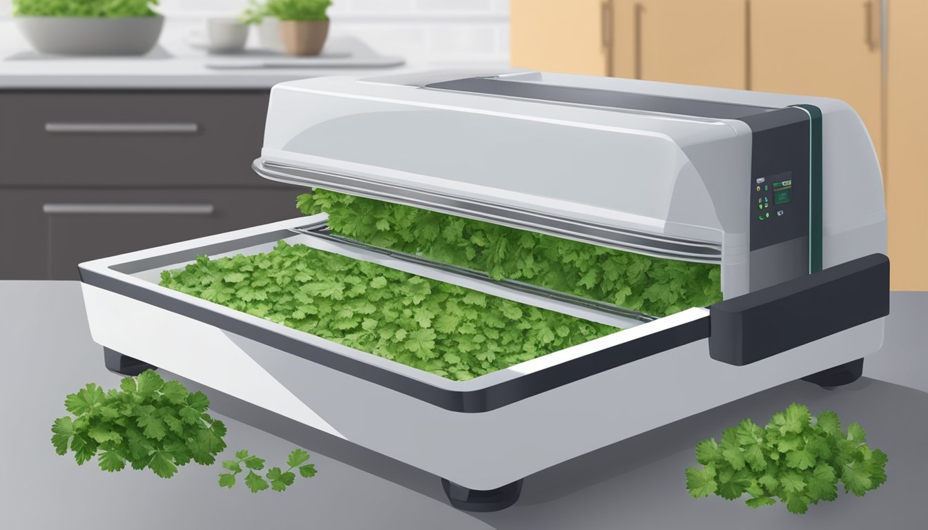 Fresh cilantro leaves being spread out on a dehydrator tray, with the machine set to a low temperature