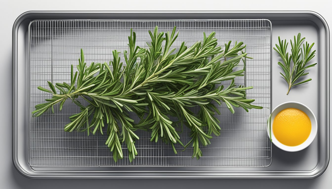 Fresh rosemary sprigs laid out on a mesh dehydrator tray, with the dehydrator machine set to a low temperature