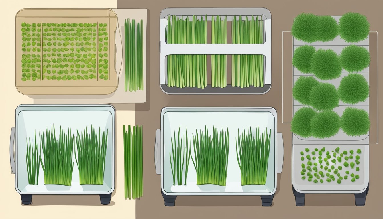 Fresh chives laid out on a dehydrator tray, with the machine set to a low temperature