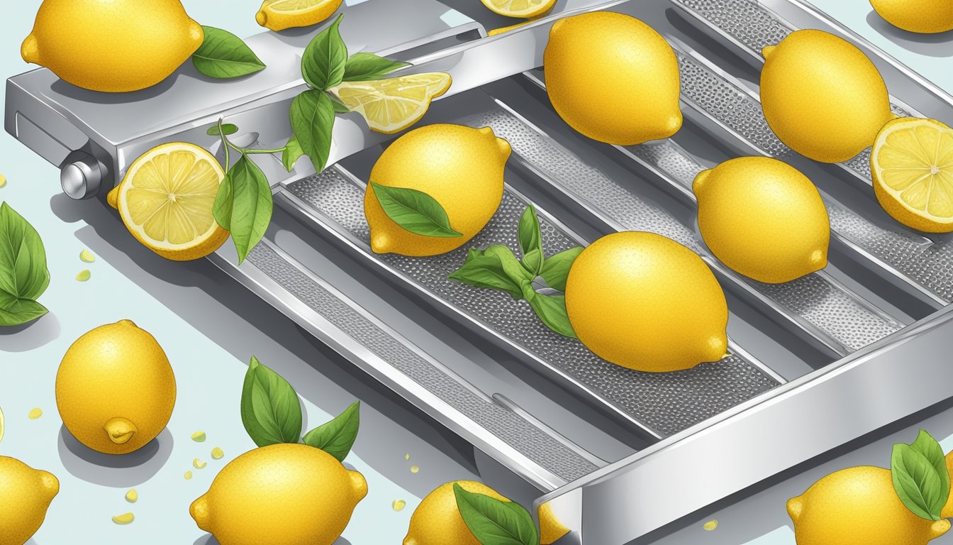 Fresh lemons being zested with a grater, the zest spread out on a dehydrator tray