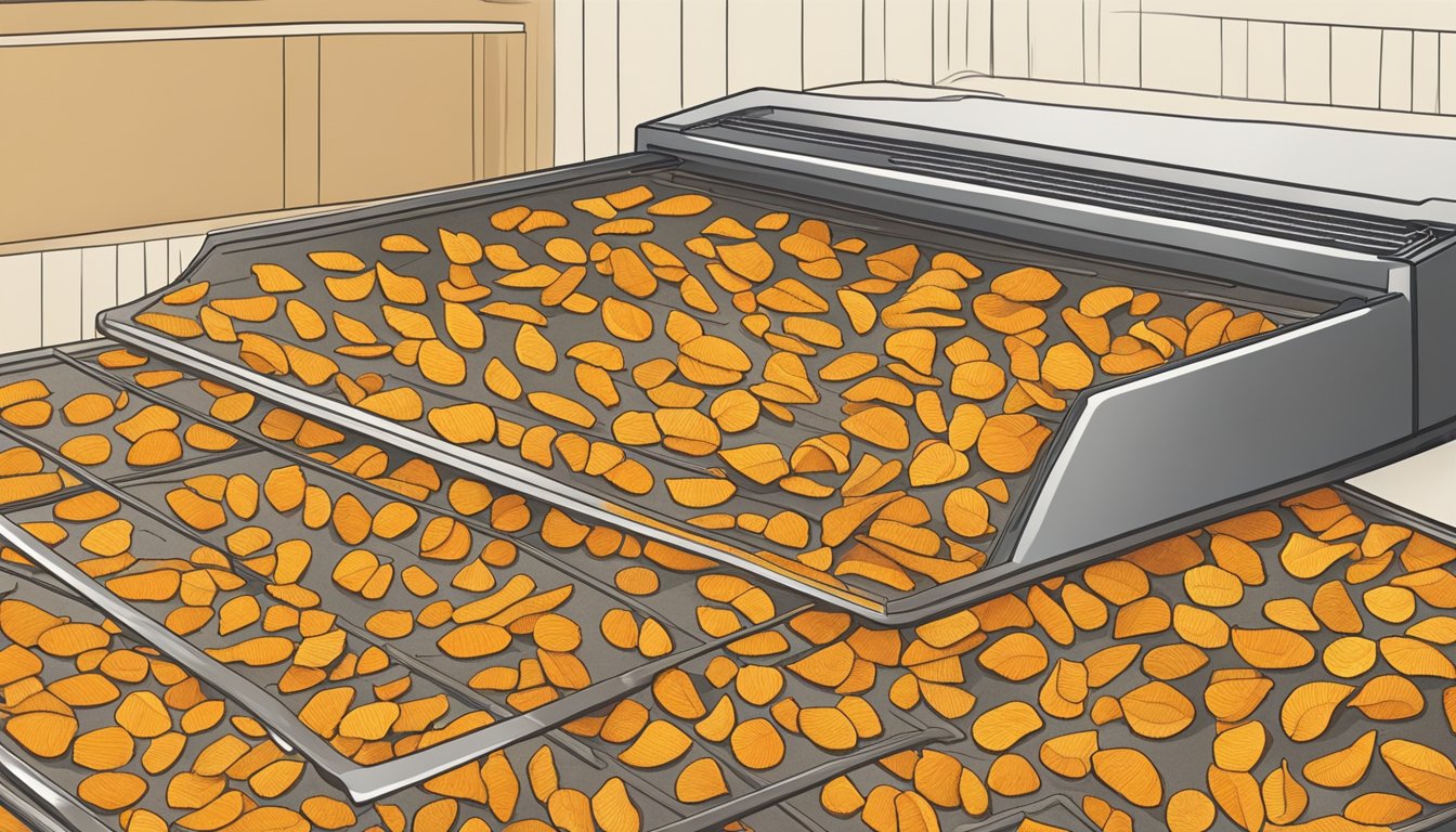 Fresh turmeric roots sliced thinly and arranged in a single layer on a dehydrator tray. The dehydrator is set to low heat to slowly dry out the turmeric