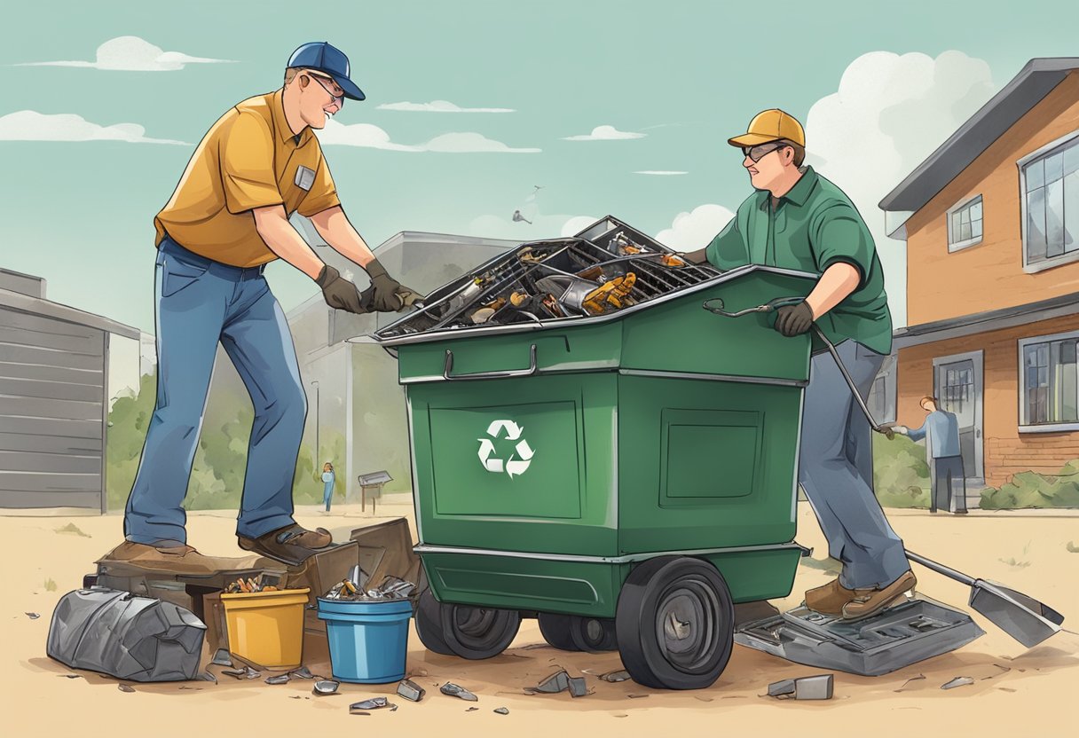 An old grill being lifted into a recycling bin by two people. The bin is surrounded by various discarded metal items