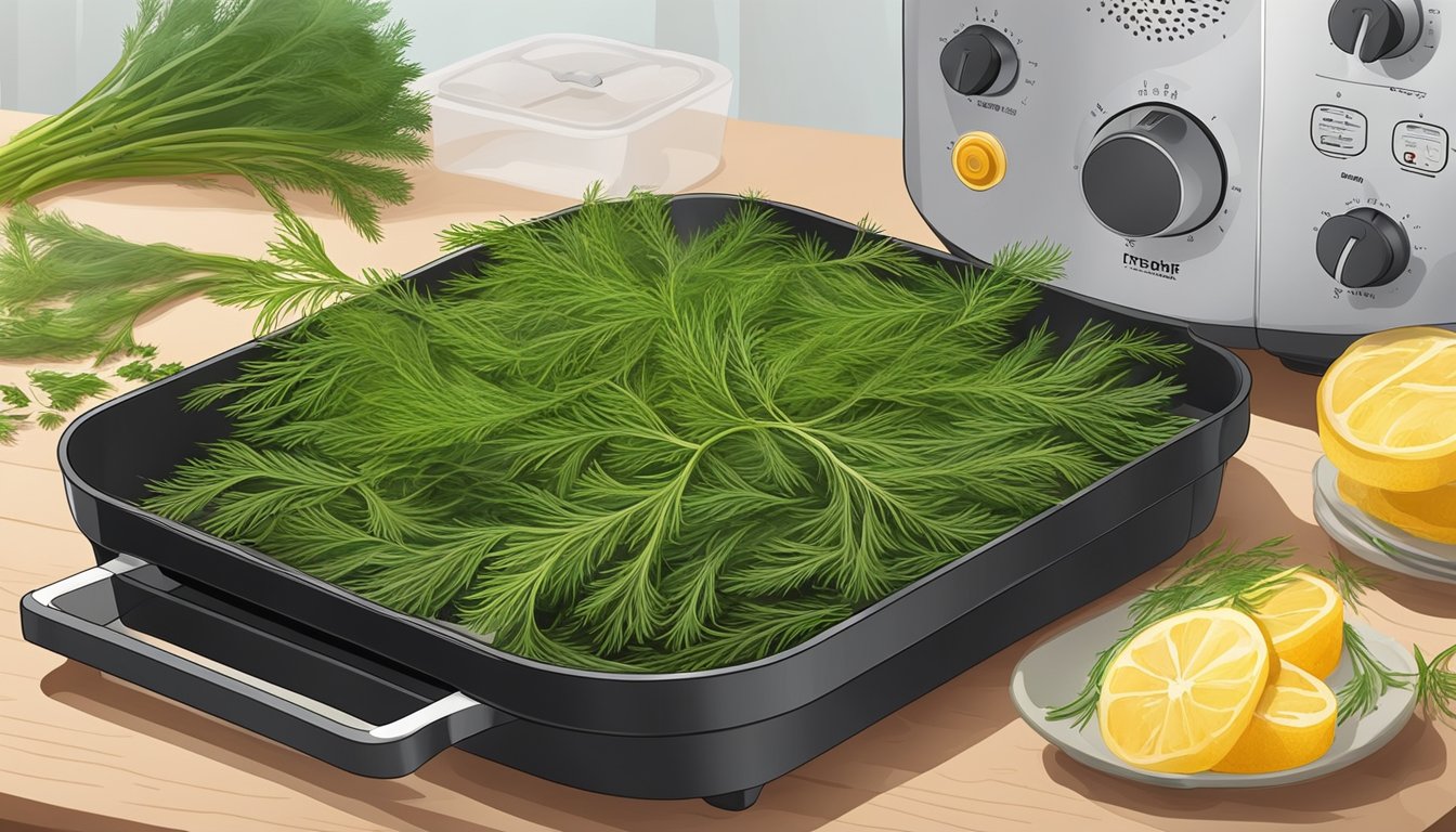 Fresh dill leaves spread out on air fryer tray, set to low heat, with warm air circulating, drying out the herbs