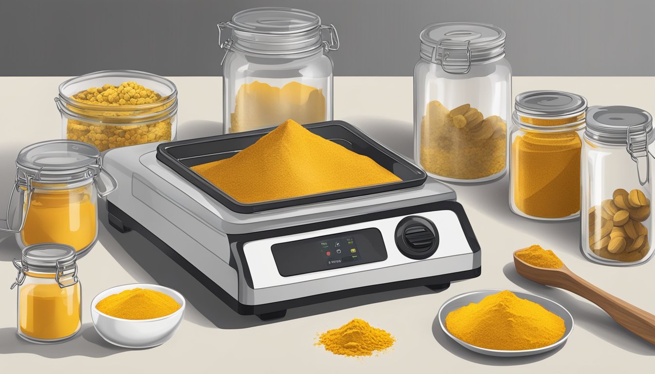 A countertop with a dehydrator filled with sliced turmeric, surrounded by jars of powdered turmeric and various culinary tools