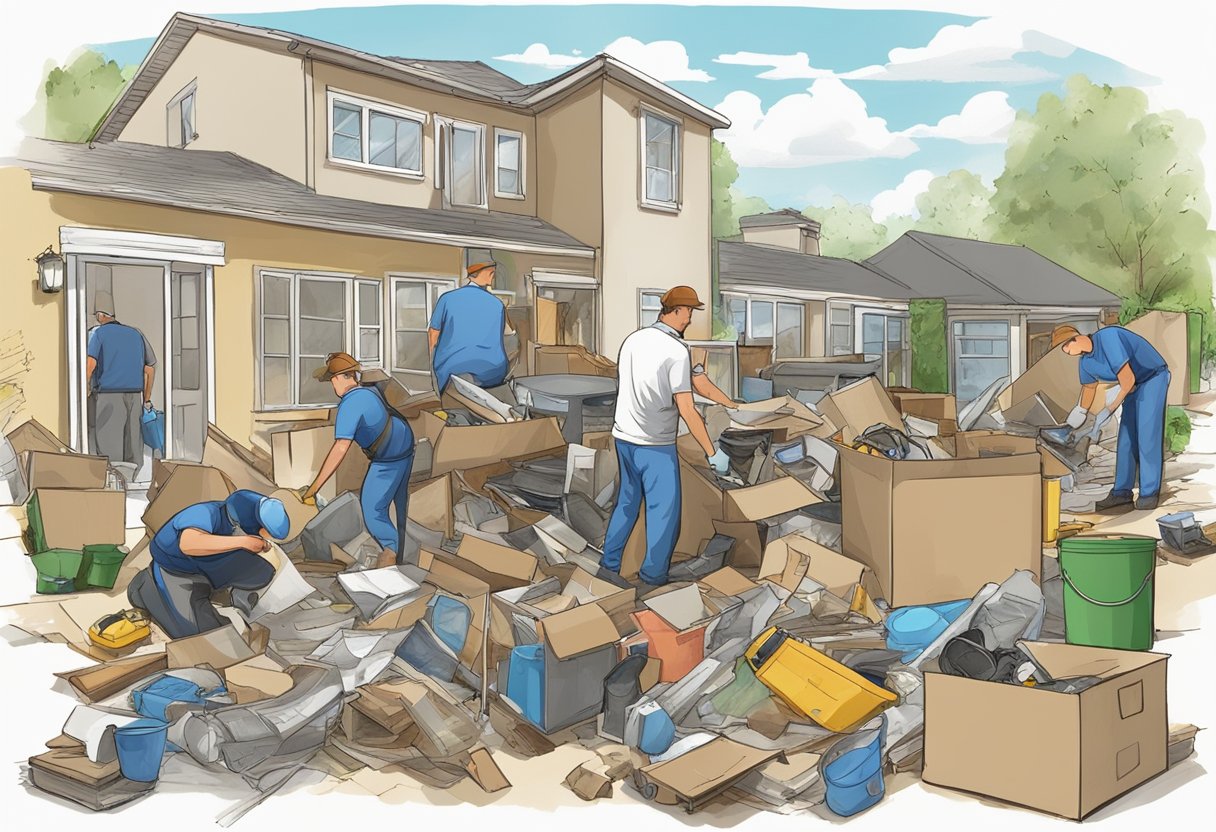 A cluttered estate being cleared out by a professional cleanout service, with workers removing furniture, appliances, and other items from the property