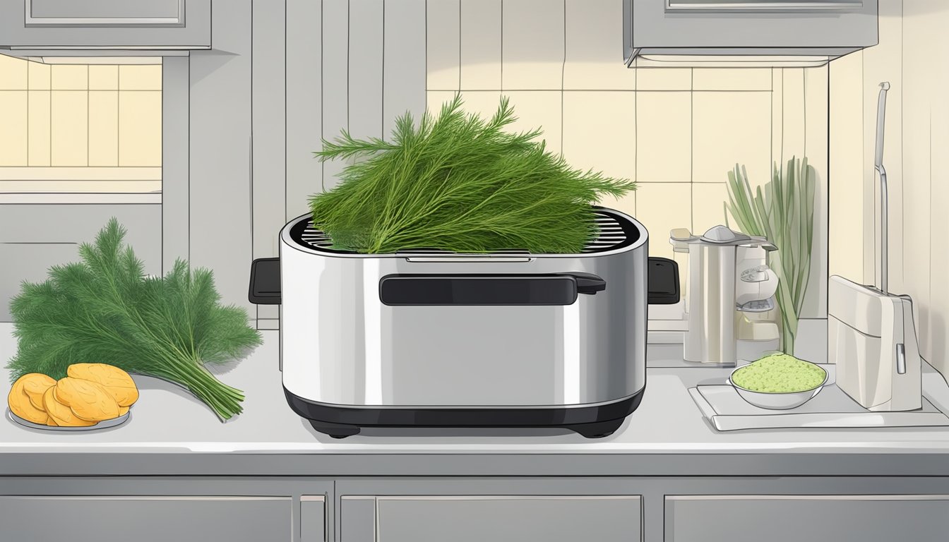 Fresh dill sprigs placed in an air fryer, with the machine turned on and the dill slowly dehydrating