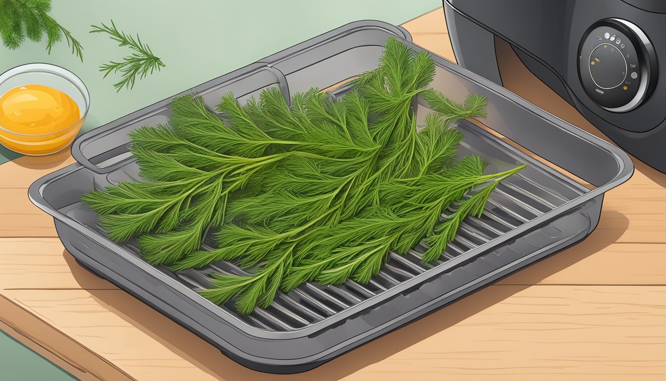 Fresh dill sprigs arranged on air fryer tray, with the air fryer set to the dehydrate function