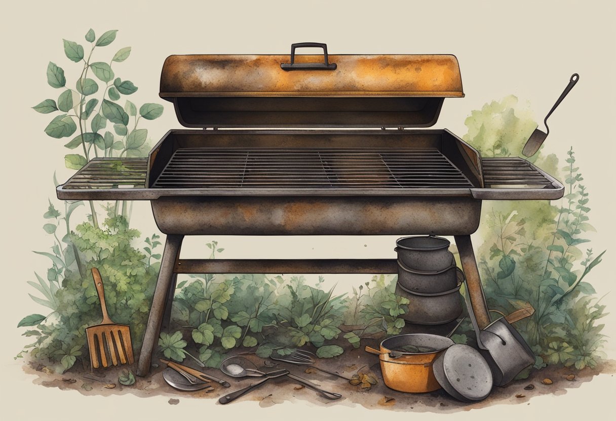 A rusty, old grill sits abandoned in a backyard, overgrown with weeds and surrounded by discarded charcoal and grilling utensils