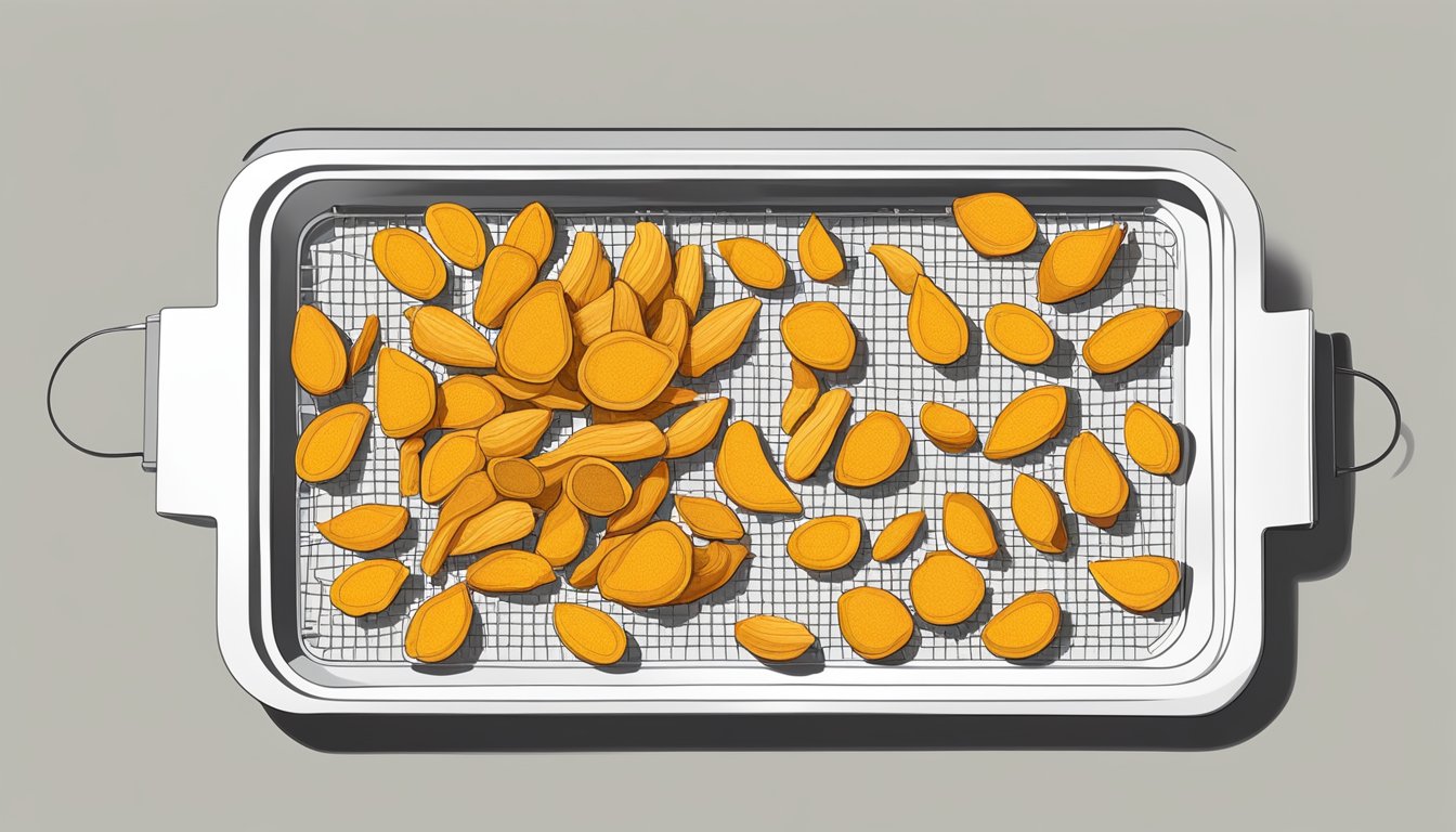 Turmeric roots laid out on a mesh dehydrator tray, with slices of turmeric spread out evenly for drying