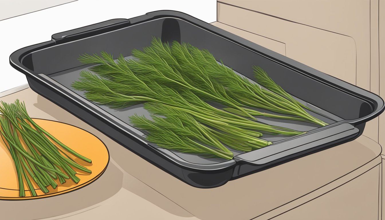 Fresh dill sprigs arranged on air fryer tray, set to low heat, with door closed