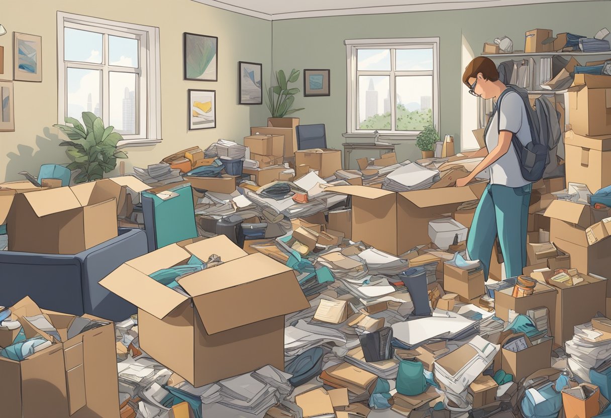 A cluttered room with piles of unwanted items, a moving box, and a person sorting through belongings