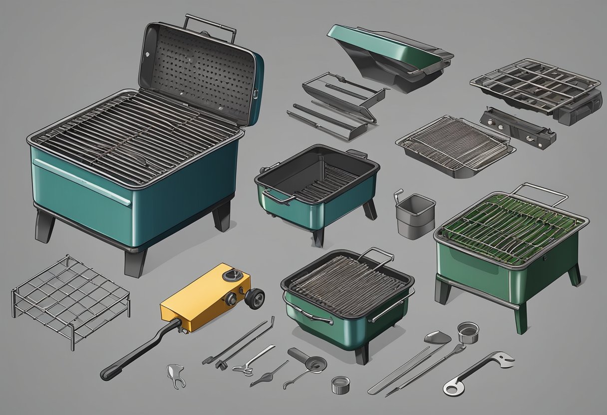 An old grill being carefully disassembled and separated into recyclable metal parts and non-recyclable components for proper disposal