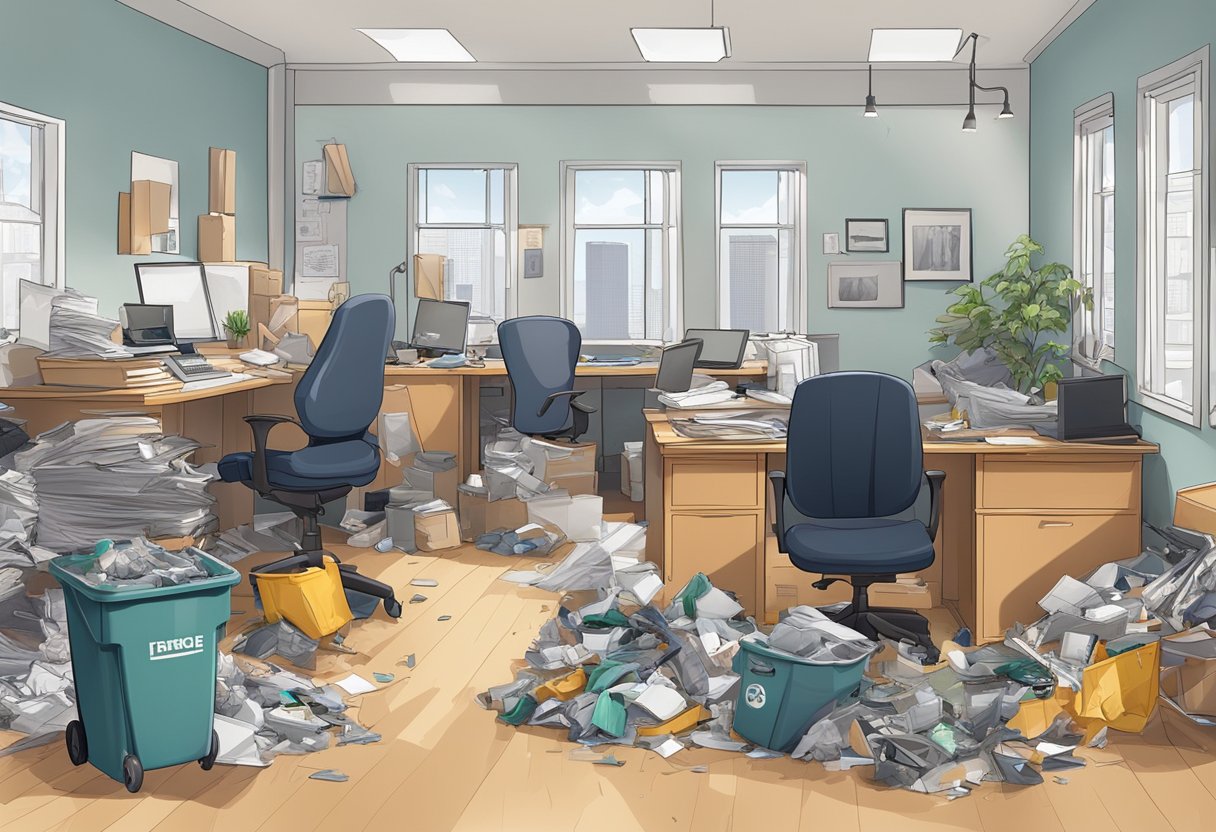 A cluttered office space with overflowing trash bins, while a professional junk removal team efficiently clears out the debris