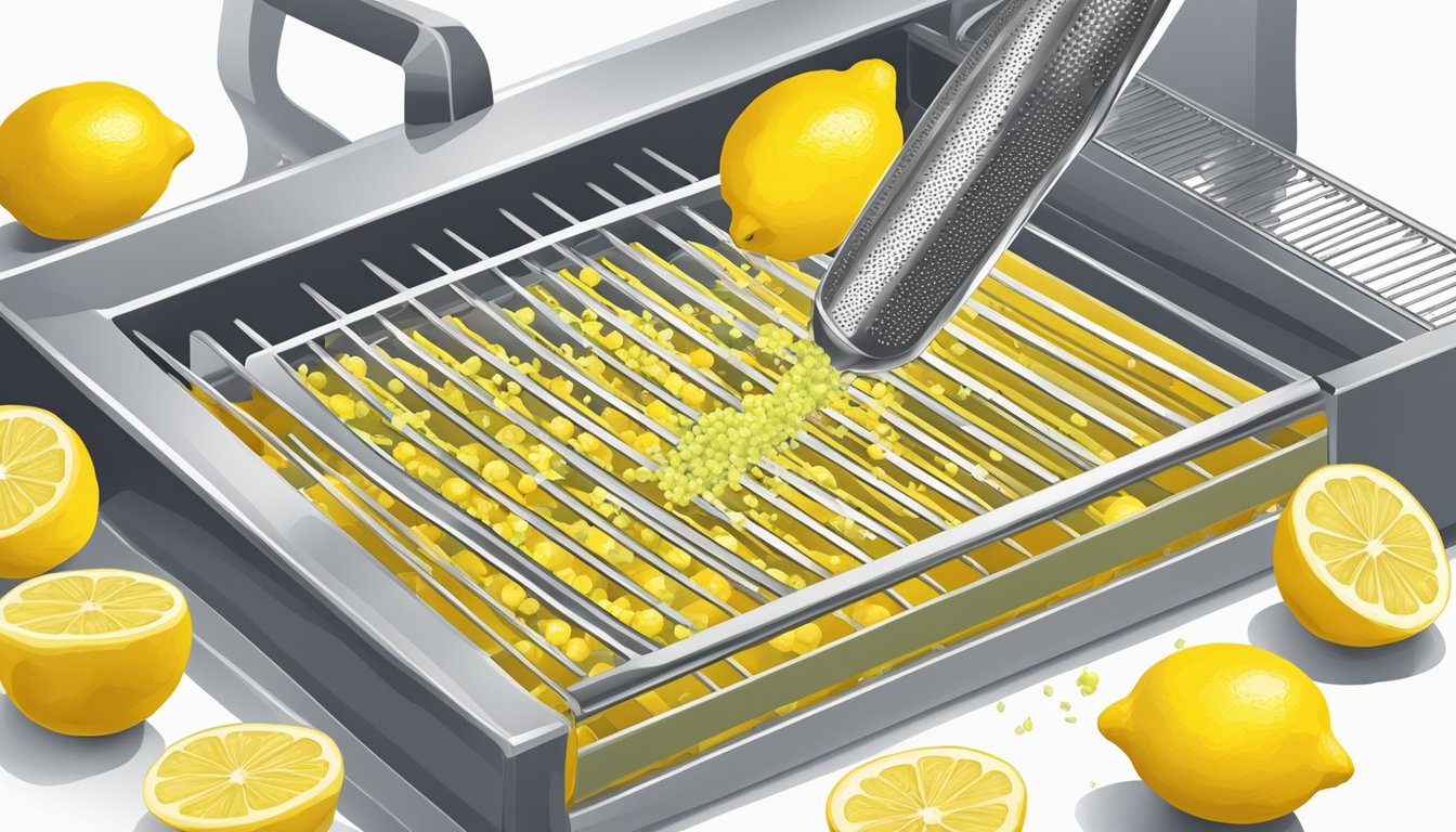 Fresh lemons being zested with a grater, the fragrant yellow zest being spread out on a dehydrator tray