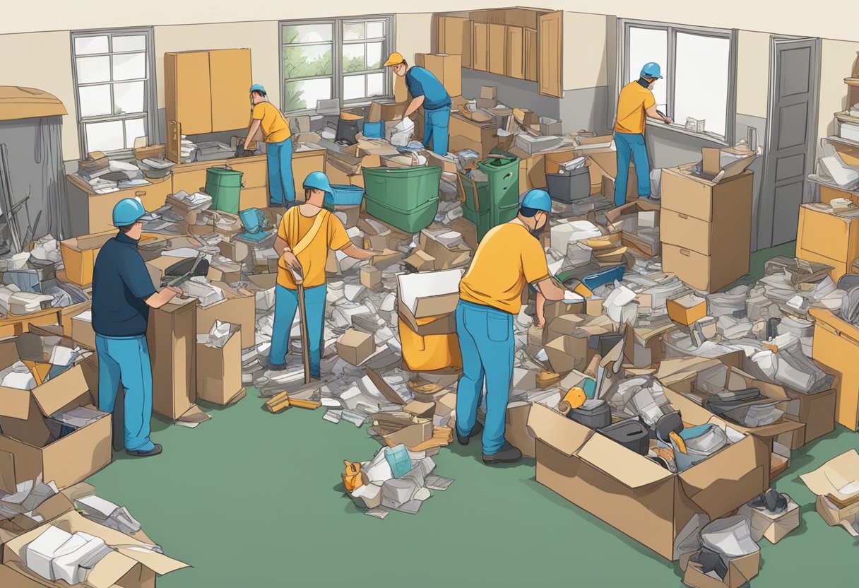 A cluttered estate being efficiently cleared out by a professional cleanout service, with workers organizing and removing items