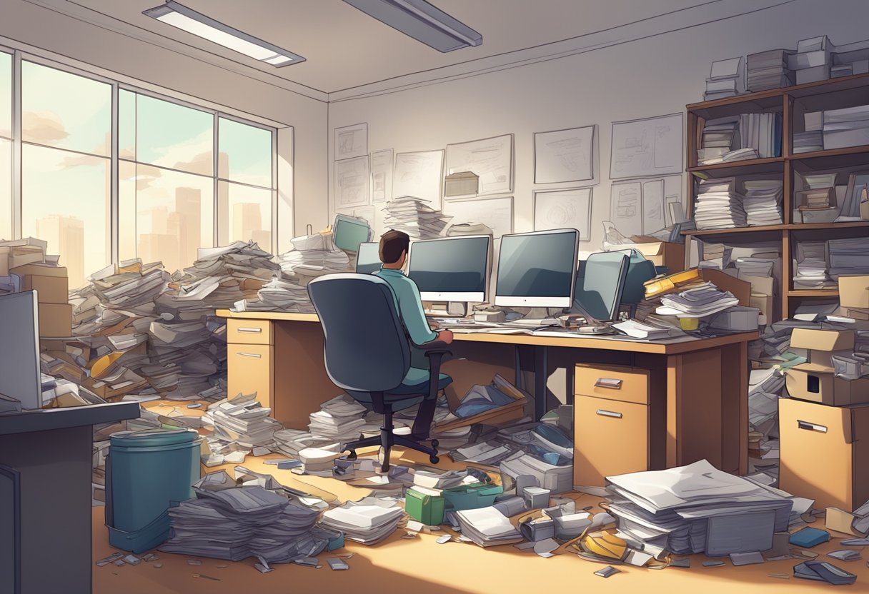 A cluttered office space with piles of junk being swiftly removed by a team of workers, leaving behind a clean and organized environment