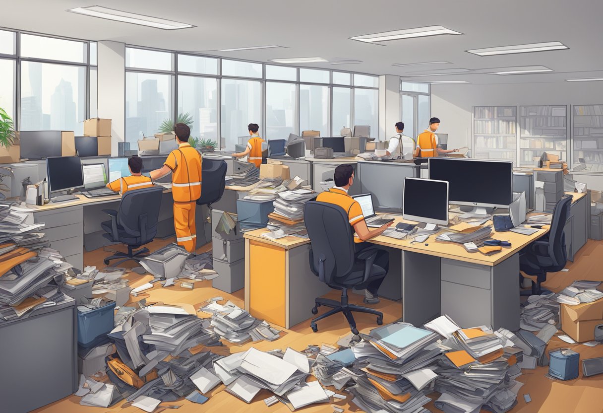 A cluttered office space with piles of junk and debris being efficiently removed by a team of workers in branded uniforms