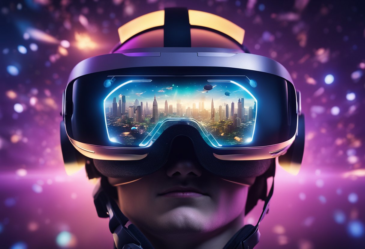 Um fone de ouvido de realidade virtual futurista cercado por elementos de jogo holográficos flutuantes e paisagens digitais.