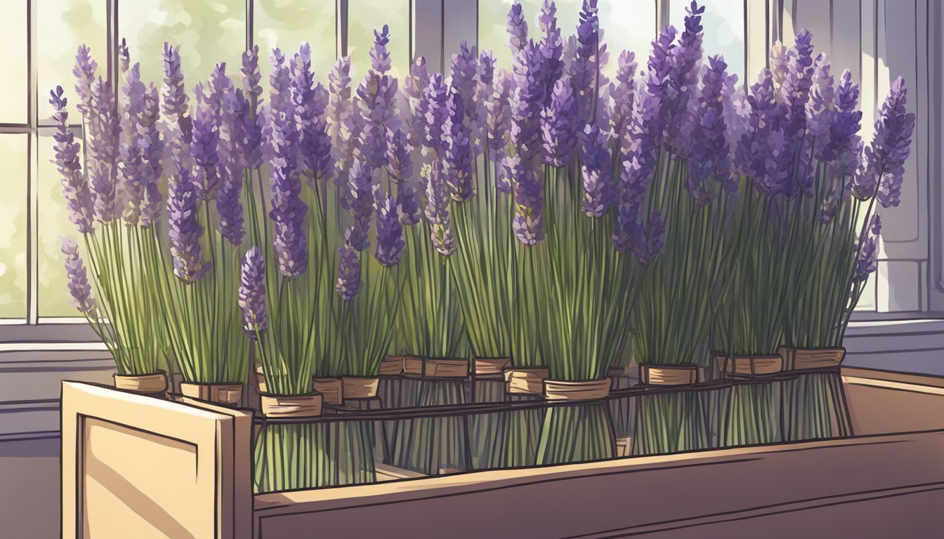 Fresh lavender stems laid out on a wire rack, surrounded by a sunny, well-ventilated room