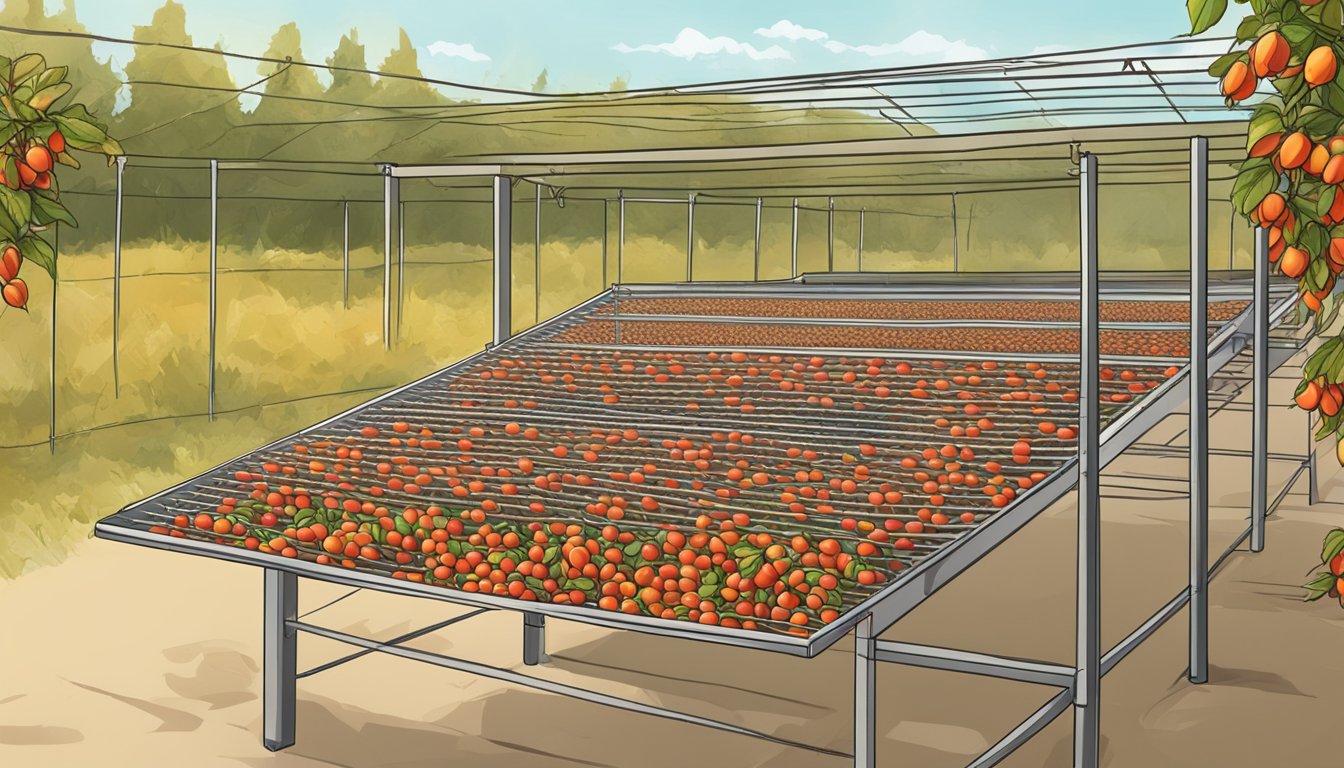 Rose hips spread on a wire rack, drying in the sun. A dehydrator hums in the background, preserving the fruit for storage