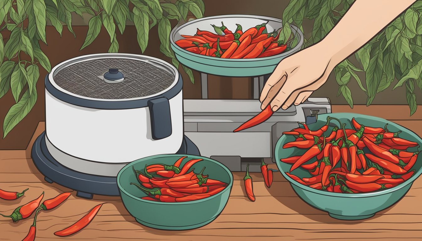 A hand reaching for thai chili peppers, a dehydrator in the background, and a bowl for collecting the selected peppers