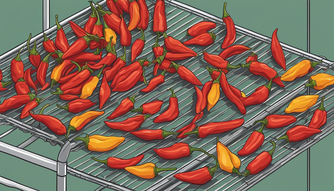 Thai chili peppers laid out on a wire rack, placed in a dehydrator. Warm air circulates around them, drying the peppers to a crisp