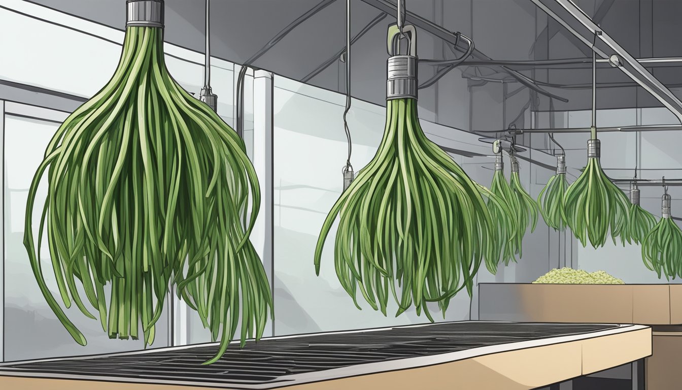 Garlic scapes hanging to dry in a well-ventilated area, with a dehydrator in the background