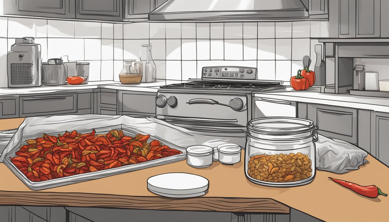 A kitchen counter with a dehydrator and a pile of ghost peppers spread out, ready to be dried