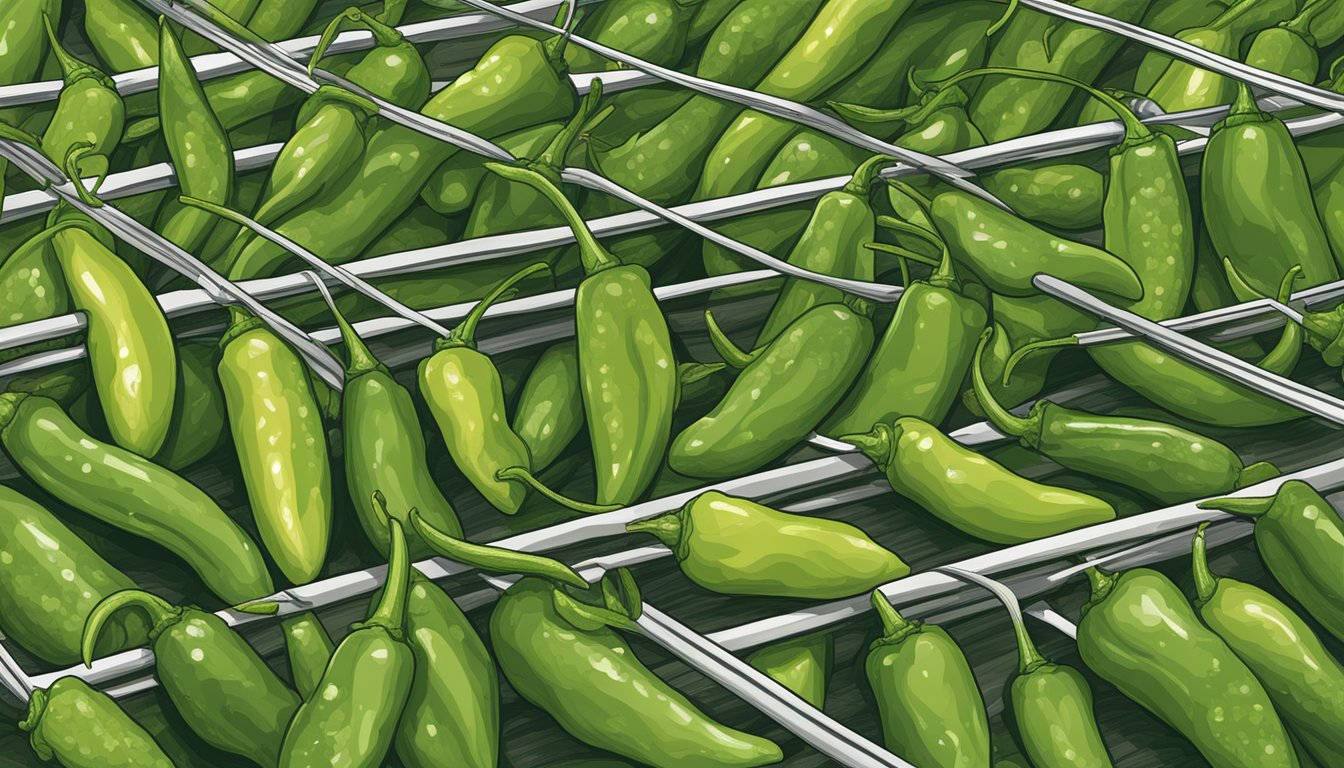 Anaheim peppers laid out on a wire rack under a warm, dry environment, with good air circulation for dehydration