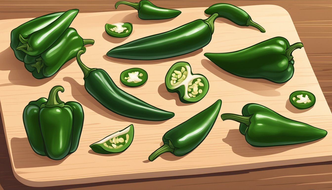 Fresh poblano peppers laid out on a clean cutting board, being sliced into thin strips before being arranged on dehydrator trays