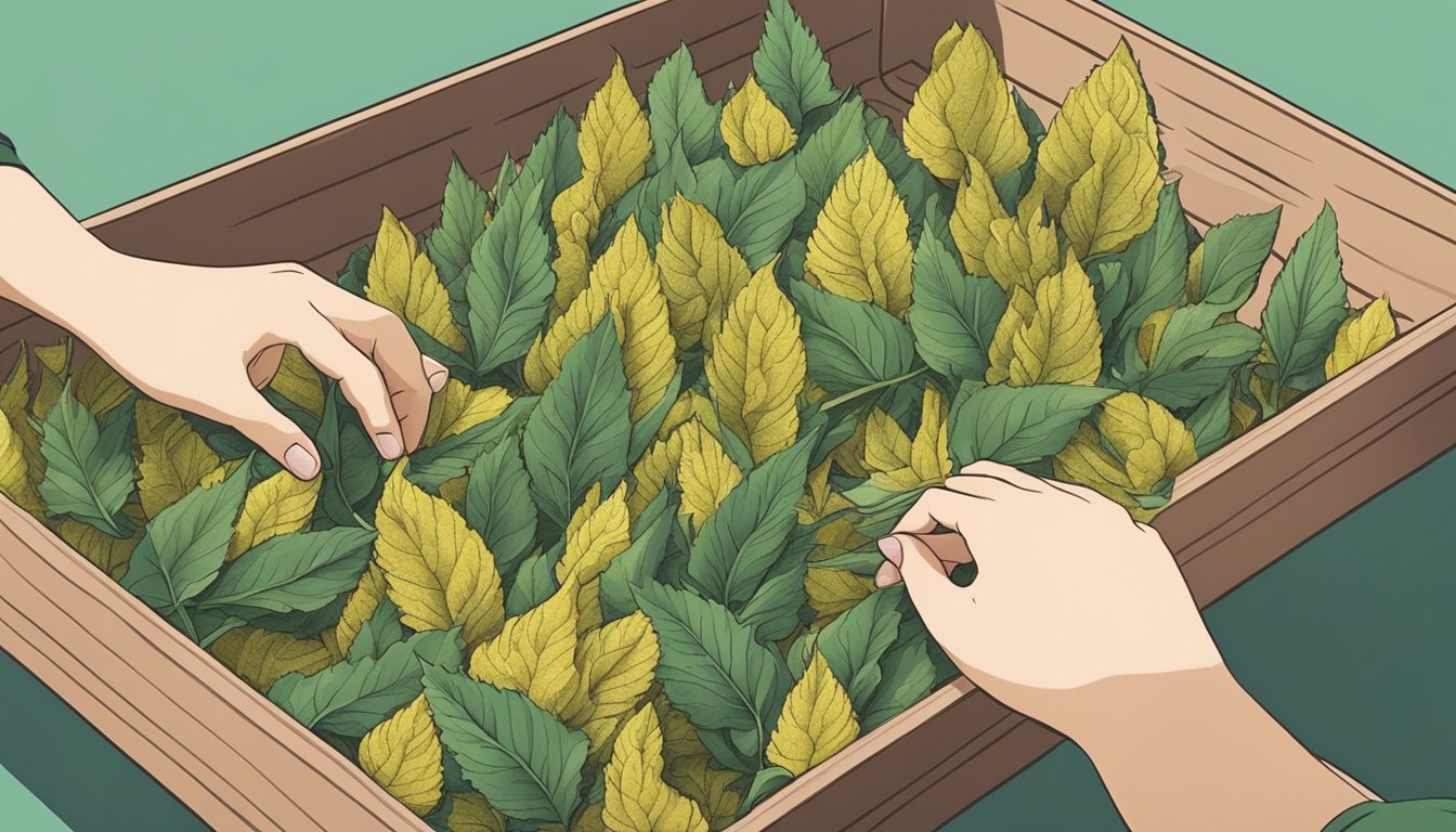 A pair of hands carefully plucks mullein leaves from the plant, then lays them out on a dehydrator tray