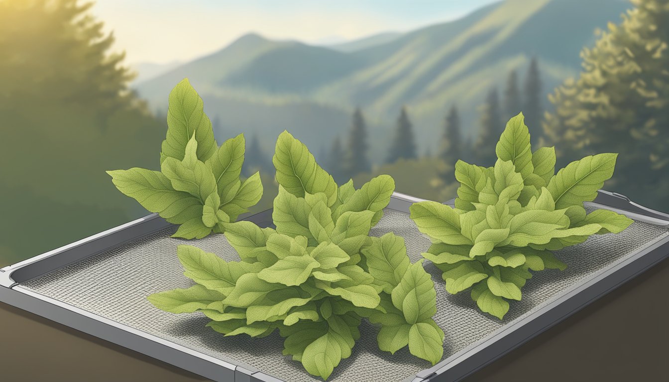 Mullein leaves spread out on a mesh dehydrator tray under a warm, dry environment