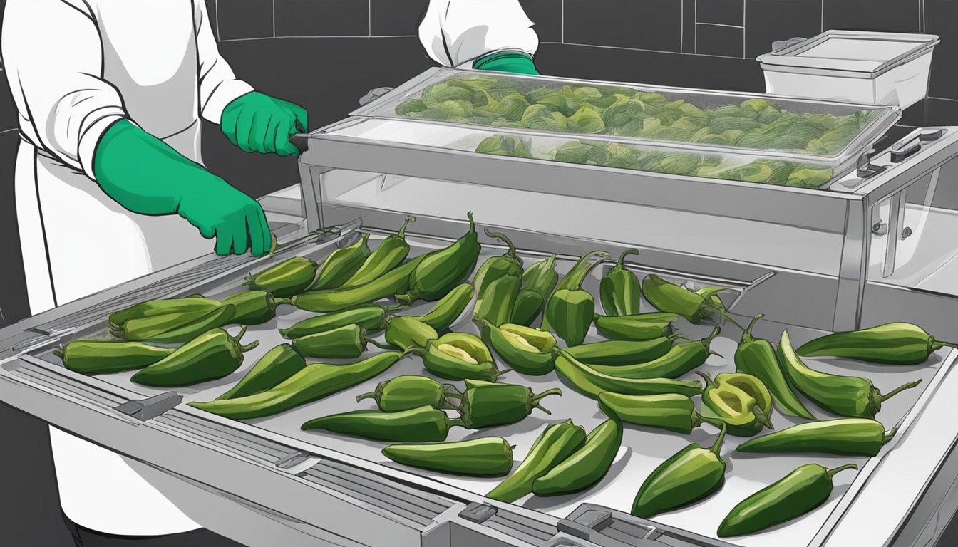 Poblano peppers being sliced and arranged on dehydrator trays, with safety goggles and gloves nearby