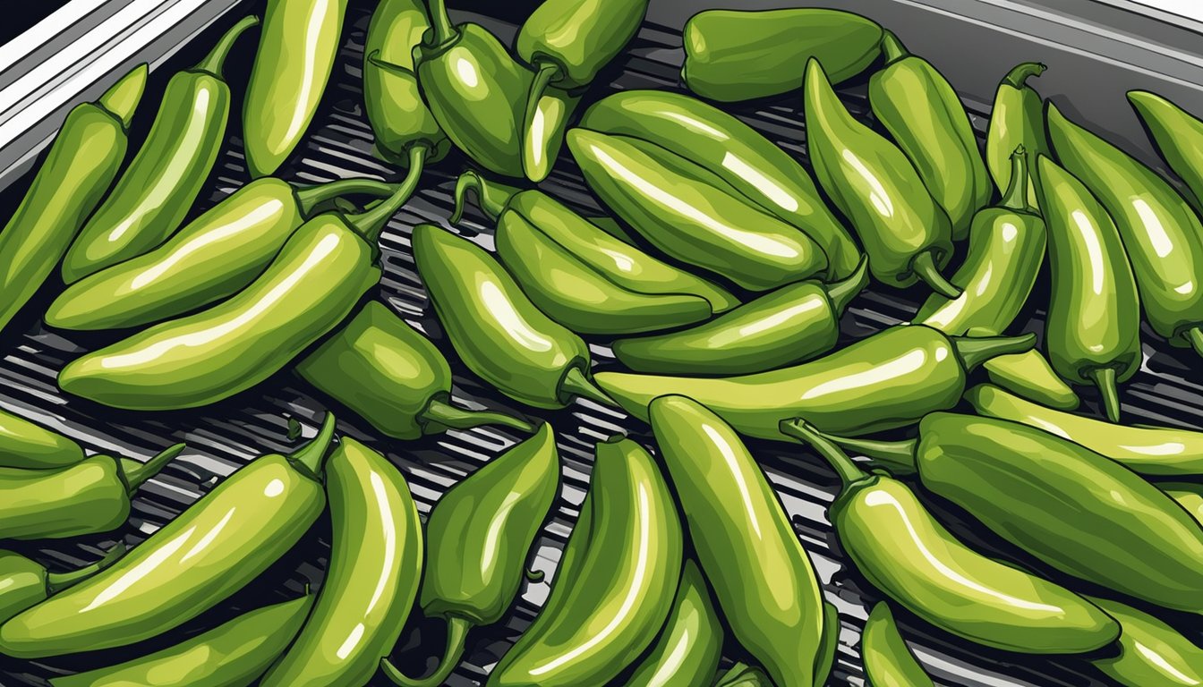 Anaheim peppers laid out on a dehydrator tray, with the machine turned on and the peppers slowly drying out