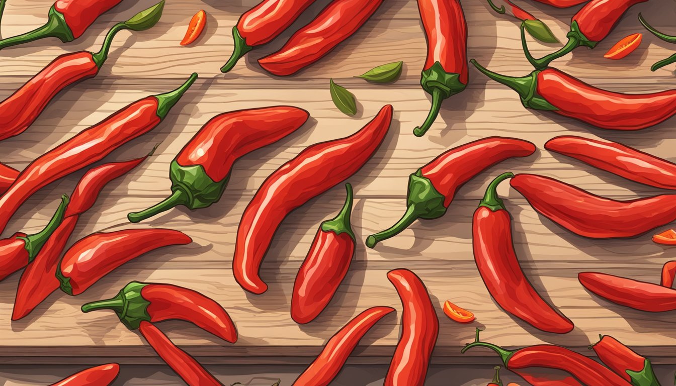 Tabasco peppers laid out on a clean cutting board, with a sharp knife slicing them into thin, uniform pieces for dehydration