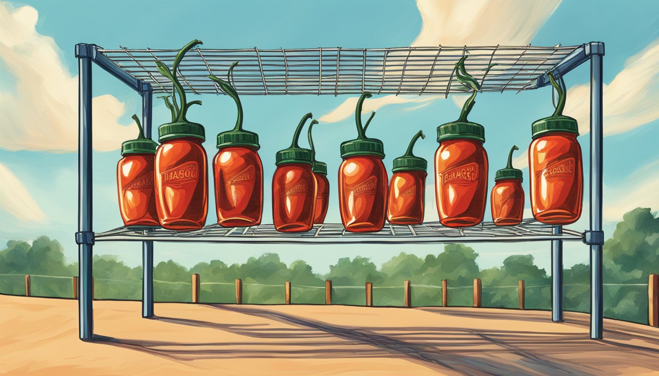 Tabasco peppers spread out on a wire rack under the sun, with a gentle breeze blowing and clear blue skies above