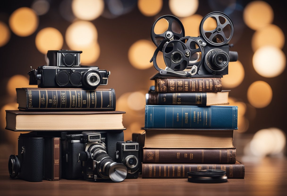 Uma pilha de 10 livros com bobinas de filme e câmeras de cinema espalhadas ao redor, representando os 10 melhores livros que inspiraram filmes famosos.